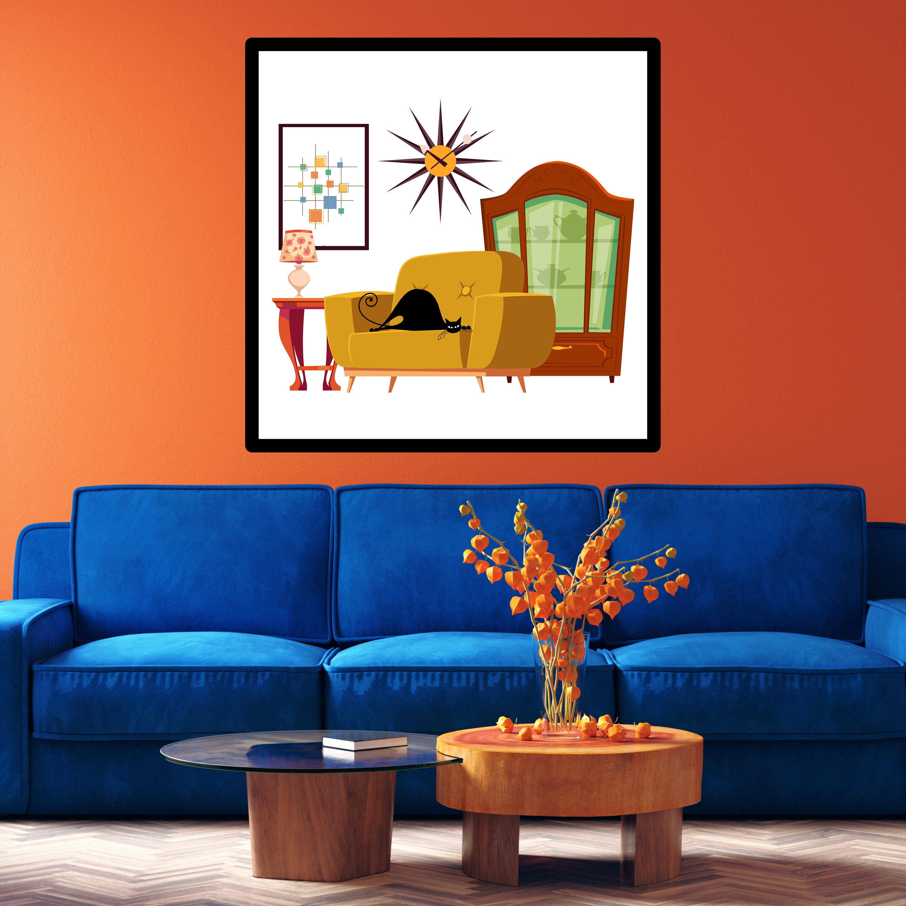 Retro Atomic Cat Wall Art Print Digital Download, Mid Century Modern