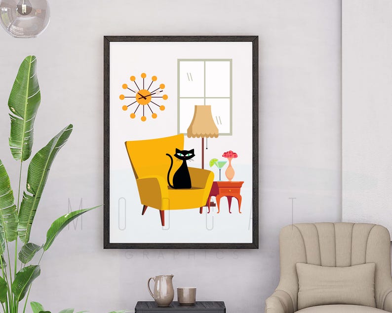 Mid Century Black Cat Wall Art Print, Atomic Retro Lounge Decor ...