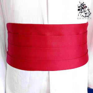 May include: A vibrant red cummerbund with a pleated design. The cummerbund is worn over a white shirt. The logo "GENTILE" is visible in the upper right corner. This formal accessory adds a pop of color.