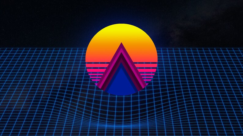 Op de afbeelding: Een retro-grafisch ontwerp met een blauwe driehoek met roze en paarse accenten, tegen een gele zon met oranje en rode strepen. Het ontwerp is gesuperponeerd op een blauw rasterpatroon.