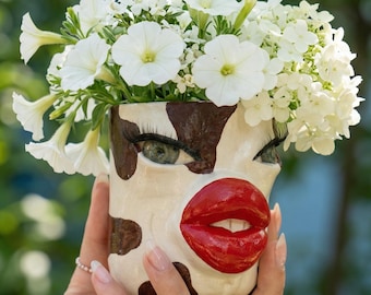 Handmade Cow Face Ceramic Planter: Funny Farmhouse Succulent Pot