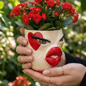 Handmade Ceramic Face Planter Pot: Red Lips Succulent Planter