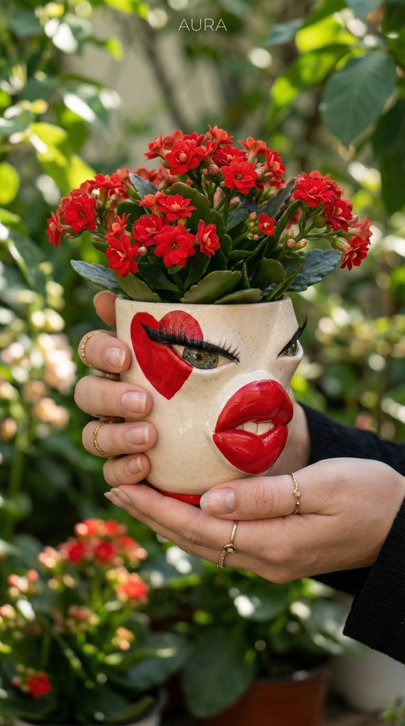 Handgemachter Keramik Gesicht Übertopf: Red Lips Sukkulenten Übertopf
