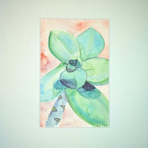 May include: A watercolor painting of a green succulent plant with thick, rounded leaves. The plant is set against a soft, blended background of peach and orange tones. The artist's initials KA and the year 23 are visible in the bottom right corner.