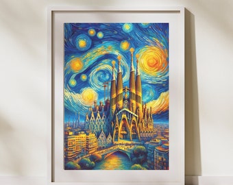 Sagrada Familia, Van Gogh, Spagna, Arte della parete, Stampa d'arte, Poster, Stampa di viaggio, Poster di viaggio, Arte della parete, Stampe del soggiorno, Decorazione d'arte