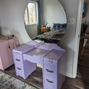 SOLD in January of 2023* Upcycled Antique Wood Lavender Purple Vanity Table Desk FREE USA Shipping