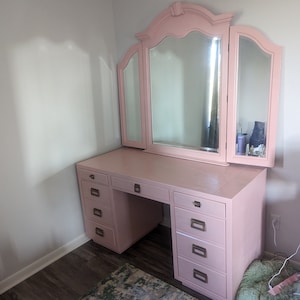 SOLD IN AUGUST 2023 Soft Pink Wood Upcycled Vanity Desk Table
