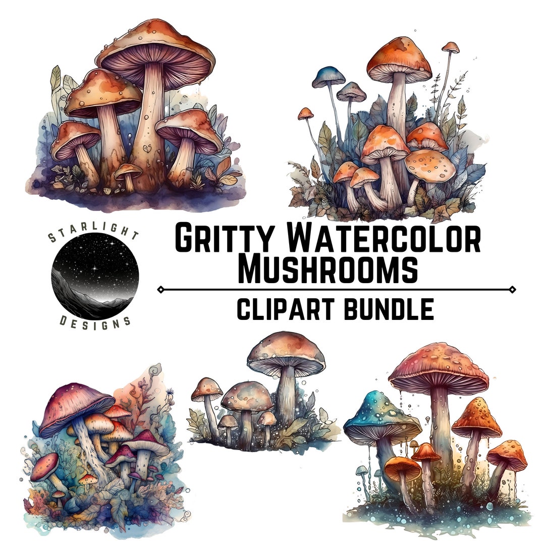 Gritty Watercolor Mushrooms Clipart Digital Image Transparent Etsy