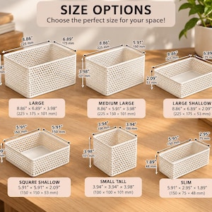 May include: Six white plastic storage baskets with a honeycomb pattern in various sizes. Dimensions are labeled in inches and millimeters: Large 8.86"x6.89"x3.98", Medium Large 8.86"x5.91"x3.98", Large Shallow 8.86"x6.89"x2.09", Square Shallow 5.91"x5.91"x2.09", Small Tall 3.94"x3.94"x3.98", and Slim 5.91"x2.95"x1.89".