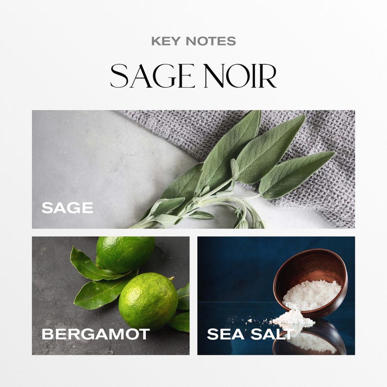 May include: An image with the text "KEY NOTES" and "SAGE NOIR". The image shows sage leaves, green limes labeled "BERGAMOT", and sea salt in a wooden bowl labeled "SEA SALT".