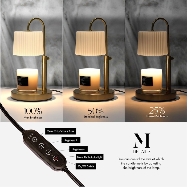 May include: A gold-toned candle warmer lamp with a white lampshade and a candle inside. The lamp has adjustable brightness settings: 100%, 50%, and 25%. A control panel with timer and brightness controls is also visible.