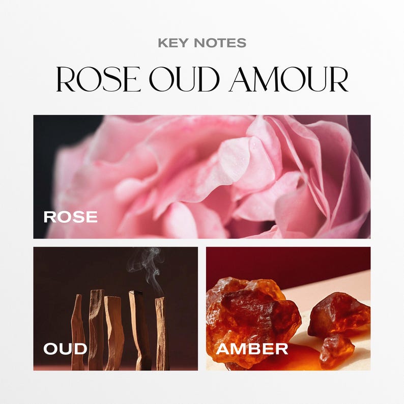May include: An image with the text "KEY NOTES" and "ROSE OUD AMOUR". The image includes a close-up of a pink rose, oud wood, and amber resin. The word "ROSE" is written below the rose image, "OUD" below the oud wood, and "AMBER" below the amber resin.