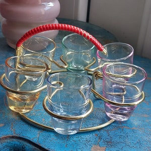 Vintage, authentic, 1960s, colored glass liqueur or vodka glasses with metal stand