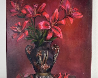 Still life painting, original oil painting, lily painting, flowers painting, red lilies in vase, floral canvas decor