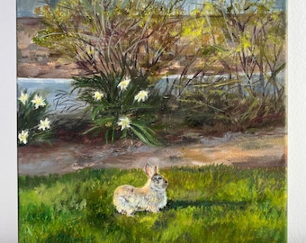 Rabbit, original oil painting, bunny, wall decor, nature, hare, animal, art