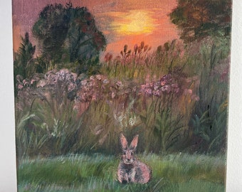 Rabbit, original oil painting, bunny, sunset, landscape, nature, wall decor, nature, hare, animal, art