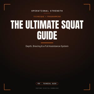 Puede incluir: Una portada de documento digital marrón oscuro titulada OPERATIONAL STRENGTH, TECHNIQUE + PROGRAMMING, THE ULTIMATE SQUAT GUIDE, Depth, Bracing & a Full Assistance System. La parte inferior incluye una etiqueta PDF TECHNICAL GUIDE e INSTANT DIGITAL DOWNLOAD.