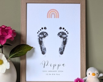 Rainbow Baby Footprint Art Kit, Personalised Nursery Decor, Baby-Safe Ink