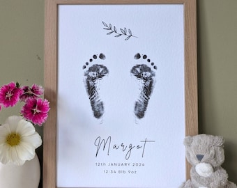Botanical Baby Footprint Art Kit, Personalised Keepsake with Ink Pad