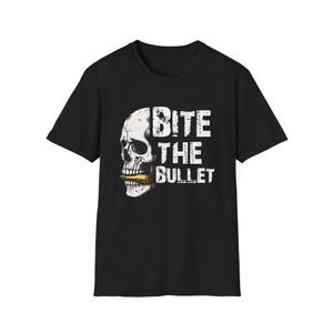 Camiseta gráfica &quot;Bite the Bullet&quot;, unisex, estilo suave para amantes de las calaveras, moderna, ideal para salidas informales, regalo de Halloween.