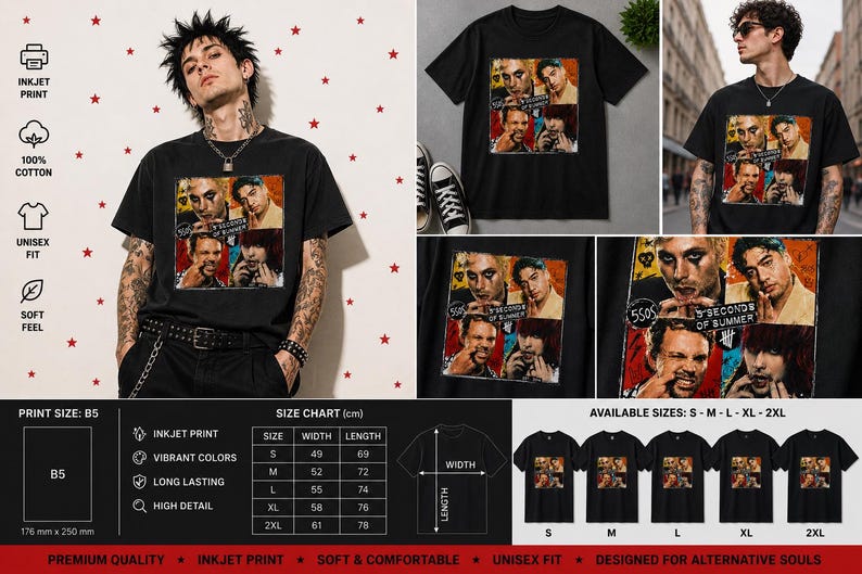 Może przedstawiać: Czarny t-shirt z kr&oacute;tkim rękawem z nadrukiem graficznym zespołu 5 Seconds of Summer. Wz&oacute;r składa się z czterech indywidualnych portret&oacute;w członk&oacute;w zespołu ułożonych w kwadratową siatkę z widocznym napisem 5 Seconds of Summer.