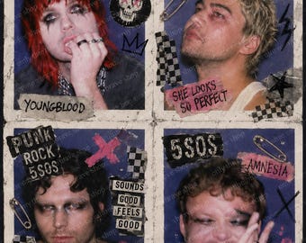 Plakat kolażowy 5SOS w formacie PNG i PDF | Grafika ścienna punkrockowa | Do druku inspirowana 5 sekundami lata | Cyfrowe pobieranie muzyki estetycznej