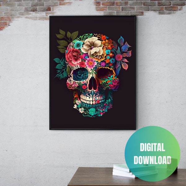 Boho Skull Art Print, Sugar Skull,  Printable Home Decor, Floral Skull Digital Poster Wall Art Gift, Gothic Art, Instant Download