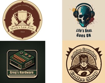 May include: A collection of four logo designs. One features a trophy and text for "Mark's Law Firm." Another shows a skull with headphones and the text "Life's Beat Goes ON." There's also a logo for "Greg's Hardware" and "Caffeine Crusader's Coffee Shop."