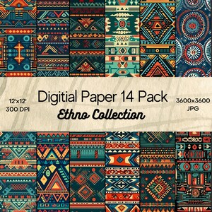 May include: A set of 14 digital papers featuring colourful geometric patterns in a tribal style. The papers are 12 inches by 12 inches and 300 DPI. The papers are perfect for scrapbooking, card making, and other craft projects.