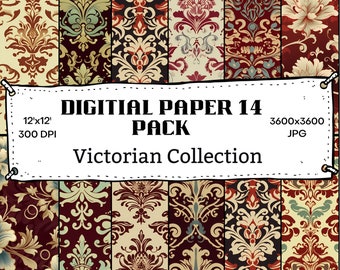 Pacote digital de padrões sem costura com tema vitoriano, JPG de alta qualidade, 14 designs prontos para impressão, 12x12 pol., 3600x3600px, download digital instantâneo