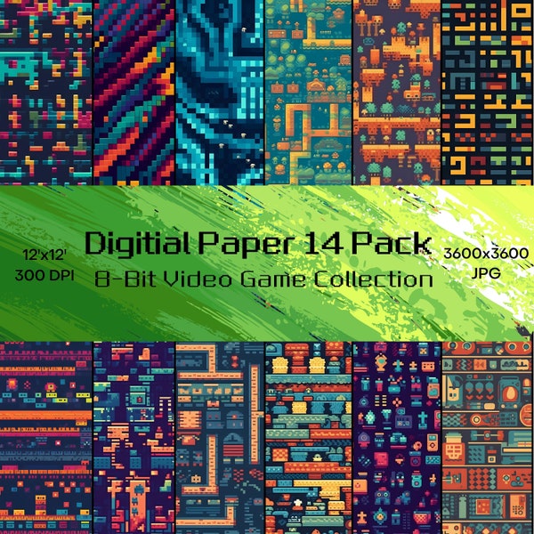 Retro 8-Bit Video Game Digital Paper Pack, 14 Digital Patterns, 12x12, 300dpi, Instant Download, Scrapbooking, Gaming Backgrounds, Pixel Art