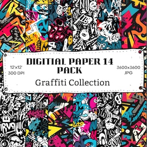 アーバングラフィティデジタルパターン、シームレスデザインパック、14の鮮やかなJPGストリートアート、300dpi 12x12、グラフィティタグ、抽象的なグラフィティアートパターン