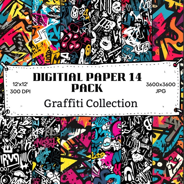 Urban Graffiti Digital Patterns, Seamless Design Pack, 14 Vibrant JPG Street Art, 300dpi 12x12, graffiti tags, abstract graffiti art pattern