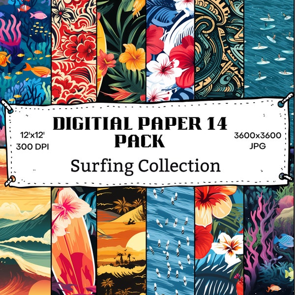 Surfing-Themed Seamless Patterns - 14 Wave-Catching JPGs for DIY Projects, Scrapbooking Projects, Beach Decor - Instant Digital Download