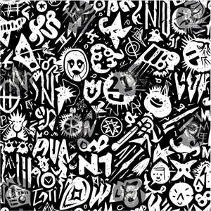 May include: A black and white graffiti-style pattern featuring various abstract shapes, numbers, and faces. The design includes bold lines, stars, and stylized text elements, creating a dynamic and energetic visual texture. The overall aesthetic is reminiscent of street art.