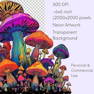 Enchanting Mushrooms Clipart Bundle - Transparent PNG, Neon Magic, Witchy, Occult, Pagan, Craft Machine Files, Mystical Magic Mushroom