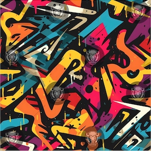 May include: Abstract geometric pattern with bold, colorful shapes and lines. The design features a black background with bright colors like yellow, orange, pink, blue, and green. The pattern is reminiscent of graffiti art.