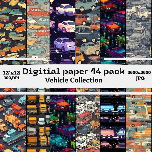 Vehicle-Themed Digital Seamless Patterns Pack - Cars, Trucks, Buses & Trains for Scrapbooking, Print on Demand, Commercial Use