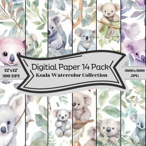 Koala Watercolor Digital Patterns | 14 Vibrant Koala-Themed Backgrounds | 12x12 Scrapbooking, DIY Crafts, Invitations, Watercolor Art