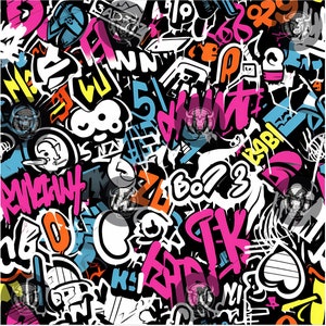 May include: A black background with a colorful pattern of graffiti-style stickers. The stickers feature various words, numbers, and symbols in a variety of colors, including pink, blue, yellow, orange, and white.