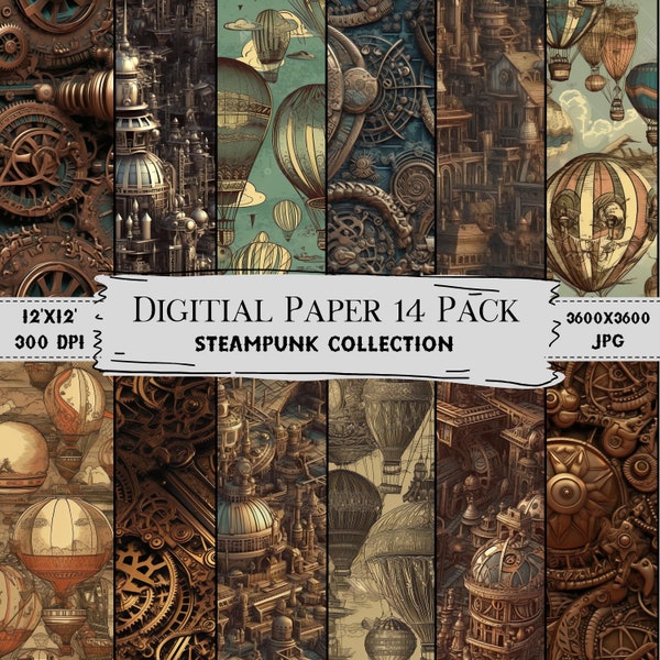 Steampunk Digital Paper Pack - 14 Patterns with Hot Air Balloons, Gears, Cityscape - 12x12, 300 DPI, JPG Backgrounds for Scrapbooking