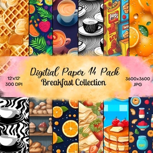 Puede incluir: Un paquete de papel digital con 14 patrones diferentes que presentan alimentos para el desayuno, como waffles, café, panqueques y fruta. Los patrones están en una variedad de colores, que incluyen naranja, amarillo, azul y verde. El paquete es de 12x12 pulgadas y 300 DPI.