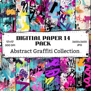 May include: A digital paper pack with 14 abstract graffiti designs. The designs are in a variety of colors, including pink, blue, green, yellow, and black. The designs are all 3600x3600 pixels and 300 DPI.