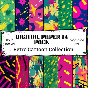 Naadloze patronen met retro cartoonthema - 14 levendige JPG's voor knutselen, scrapbooking, doe-het-zelfprojecten, vintage decor - Instant Digital Download