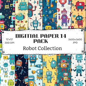 May include: A digital paper pack featuring 14 different robot-themed patterns. Each pattern showcases colourful robots with a variety of designs and details. The pack includes 12x12 inch, 300 DPI images in JPG format. The text "DIGITAL PAPER 14 PACK" and "Robot Collection" is displayed on the image.