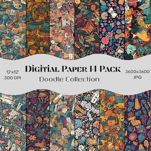 Doodle Art Digital Paper Pack, 14 Unique Patterns, 12x12, 300dpi, Doodle Backgrounds, Instant Download, Scrapbooking, Creative Design