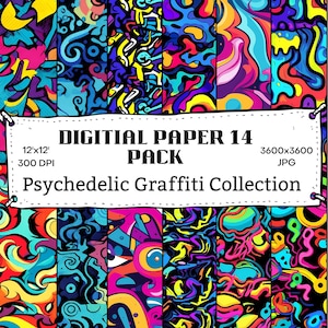 Psychedelic Graffiti Patterns: 14 JPG Seamless, Vibrant Digital Downloads, 12x12, 300dpi, Urban Art Explosion, Instant Digital Download.