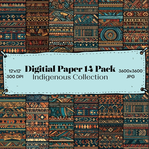 Indigenous & Ethno Digital Pattern Bundle with 14 Unique Designs, 12x12 inch, 300 DPI, High-Quality PNG Files for Crafting, and Scrapbooking