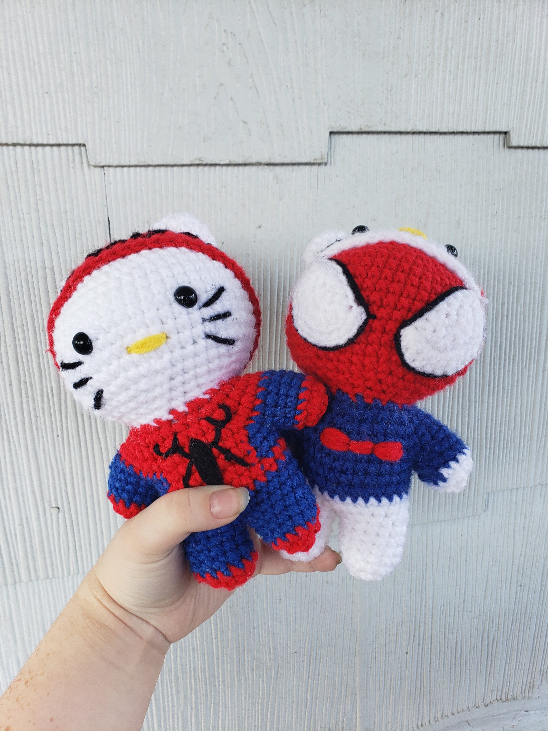 Crochet Cat Amigurumi Hello Kitty as Spiderman, Spiderman as Hello