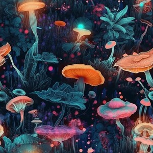 Seamless pattern abstract flowers funghi mushroom neon PNG file